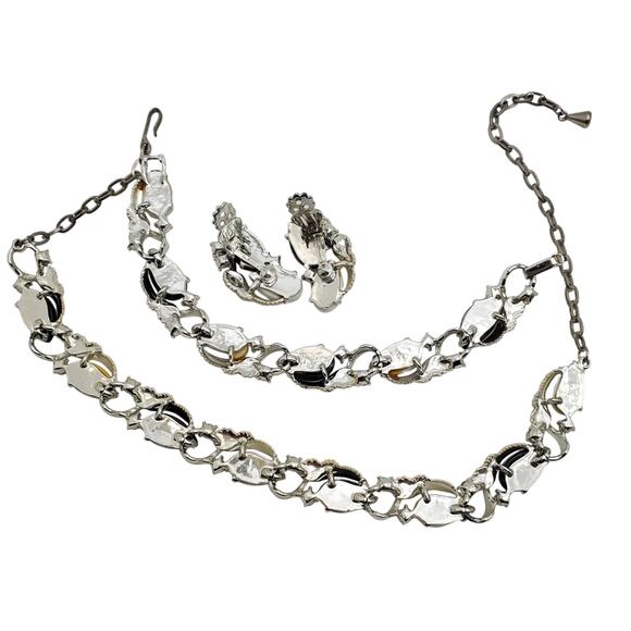 Black White Necklace Bracelet Clip Earrings AB Rhinestone Thermoset Acrylic - Picture 5 of 11